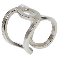 Chanel Brushed Silver Tone CC Open Cuff Ring Size EU 53