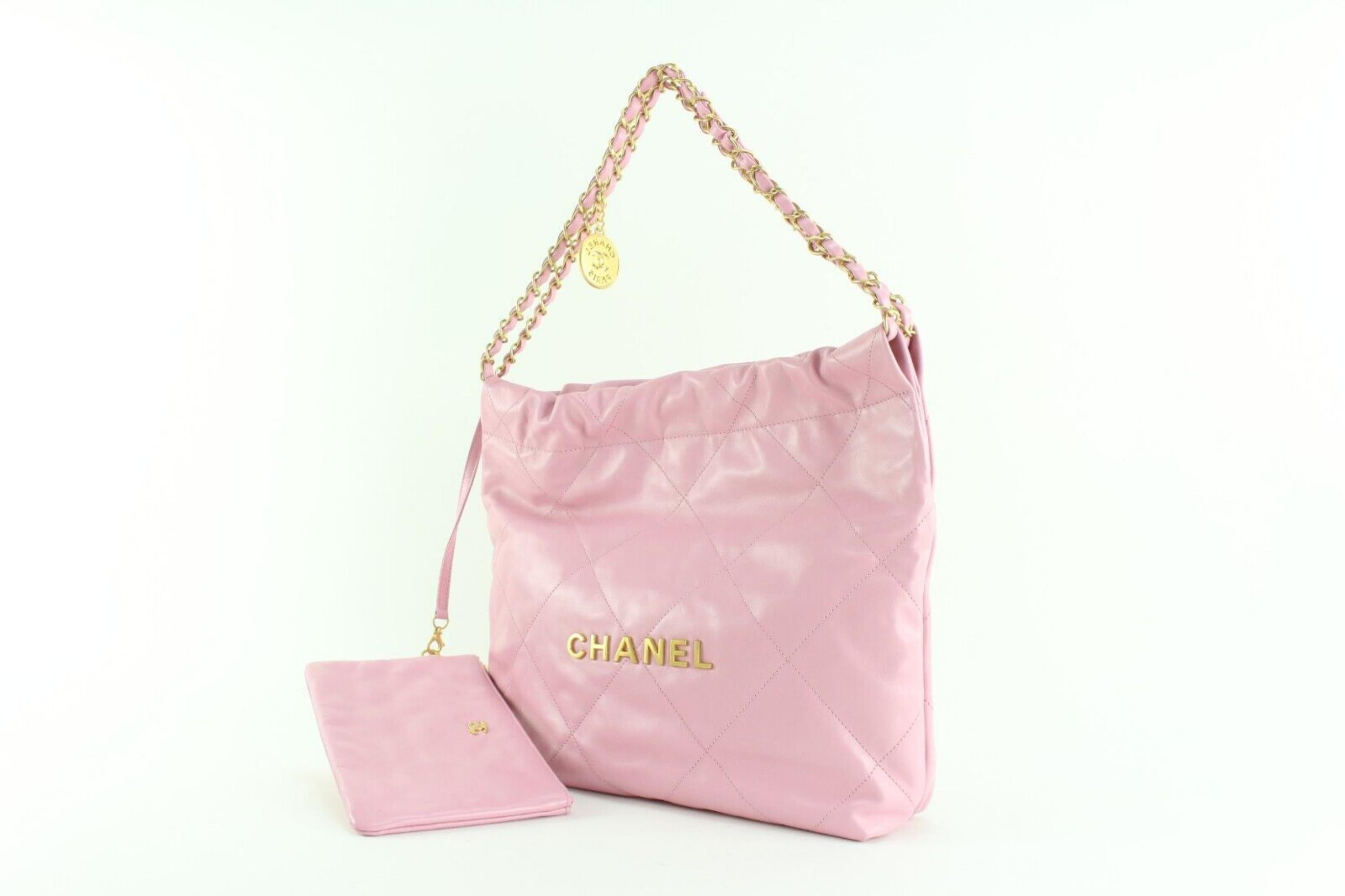 Chanel Bubble Gum Pink Shiny Goatskin Small 22 Tote with Pouch 1C1103 6