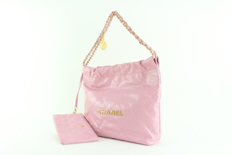 Chanel Bubble Gum Pink Shiny Goatskin Small 22 Tote with Pouch 1C1103