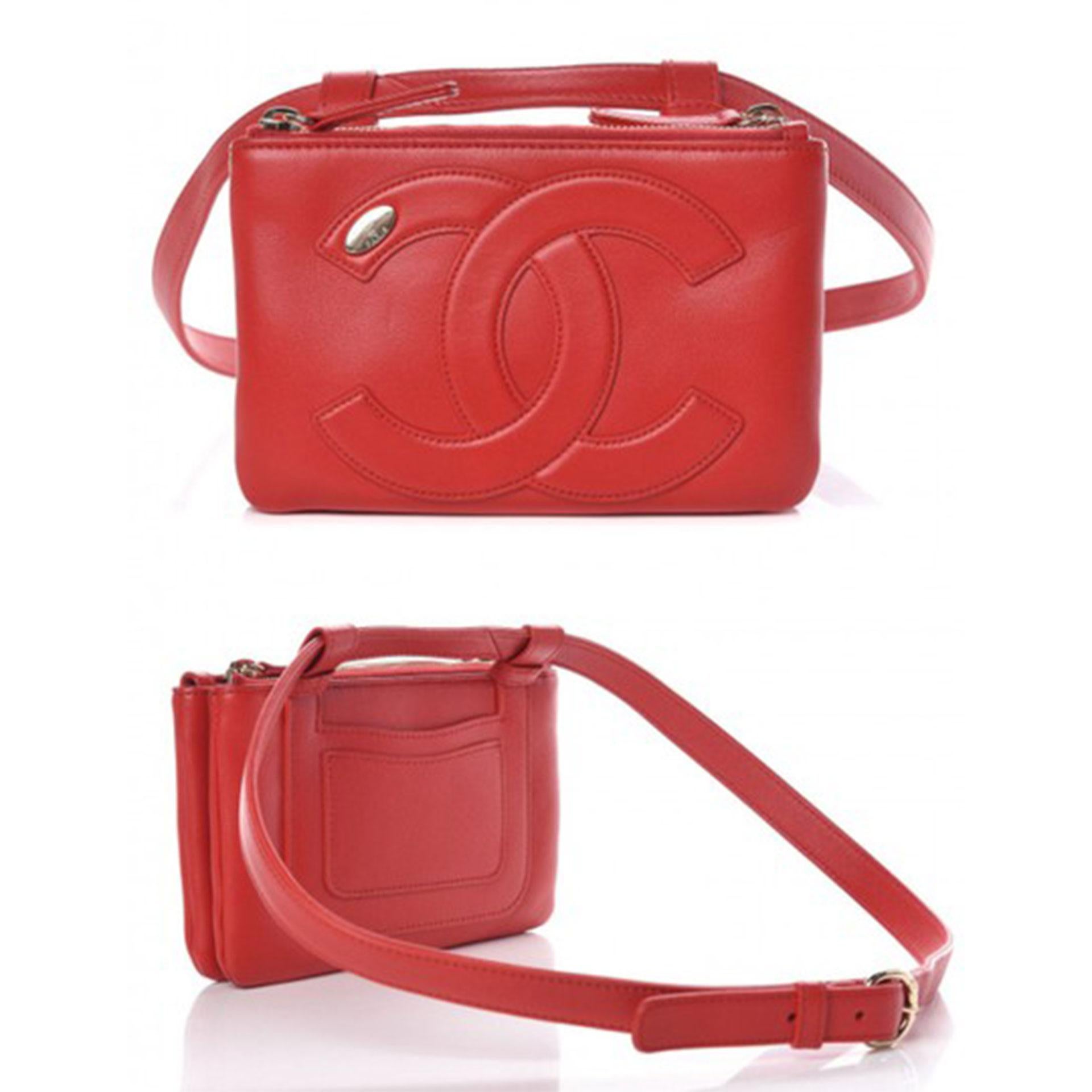Chanel Red Lambskin Leather Fanny Pack Waist Belt Bum Bag 

