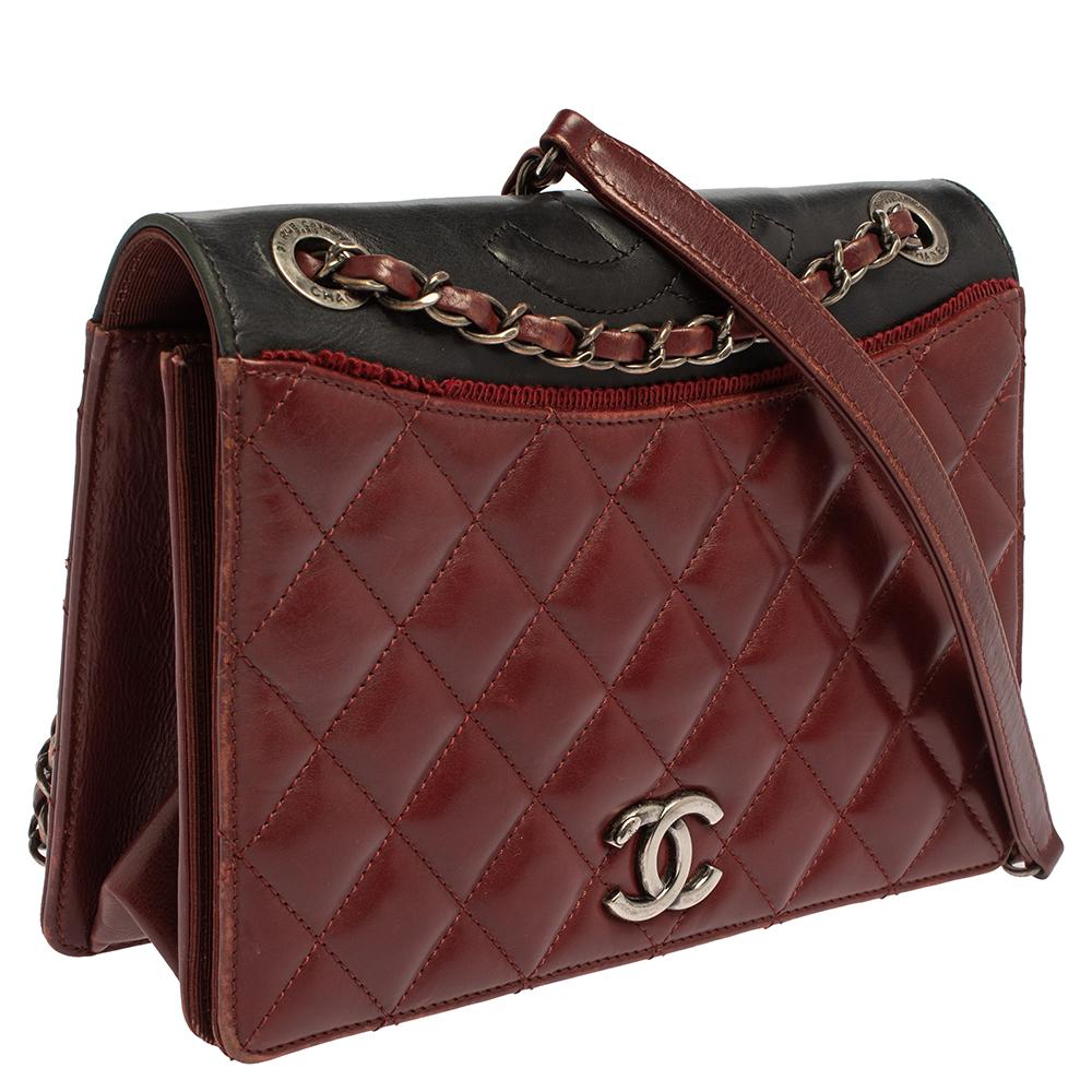 Brown Chanel Burgundy And Dark Grey Quilted Leather and Grosgrain Small Ballerine Flap