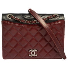 Chanel Burgundy And Dark Grey Quilted Leather and Grosgrain Small Ballerine Flap