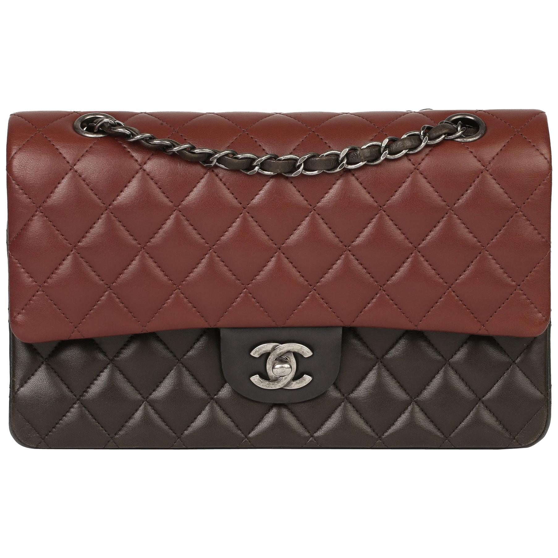 Chanel Burgundy, Black & Khaki Lambskin Medium Classic Double Flap Bag