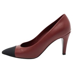 Chanel Burgundy/Black Leather And Canvas Cap Toe Pointed Toe Pumps Size 40