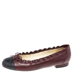 Chanel Burgundy/Black Leather CC Cap Toe Bow Ballet Flats Size 37