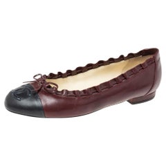 Chanel Burgundy/Black Leather CC Cap Toe Bow Ballet Flats Size 37