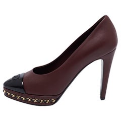 Chanel Burgundy/Black Leather Patent CC Cap Toe Chain Platform Pumps Size 37.5 Chanel Burgundy/Black Leather Patent CC Cap Toe Chain Platform Pumps Size 37.5