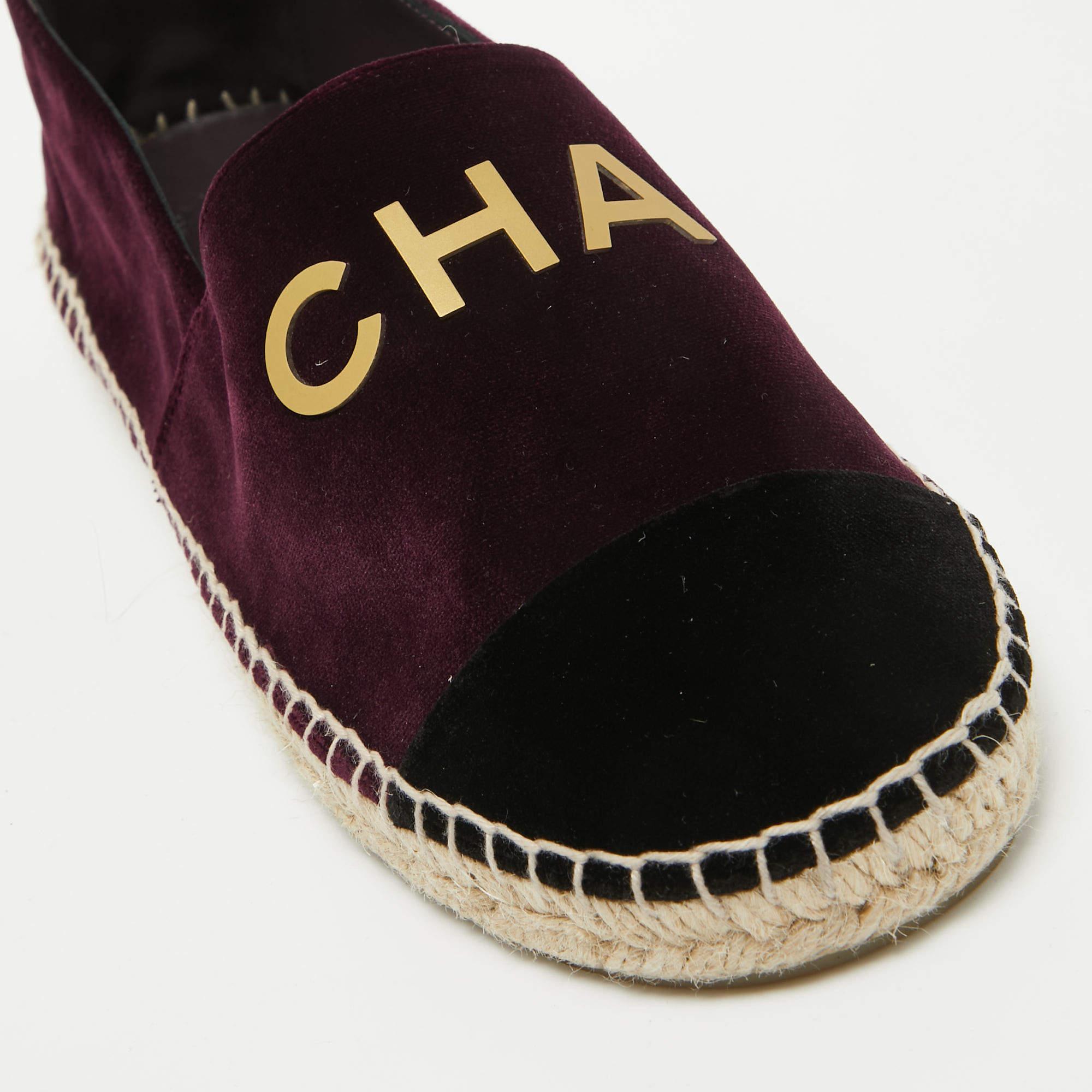Chanel Burgundy/Black Velvet Logo Detail Cap Toe Espadrilles Size 39 3