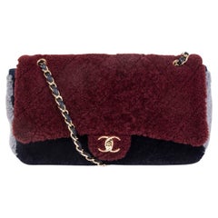 CHANEL burgundy blue grey 2019 TRICOLOR SHEARLING FLAP Shoulder Bag