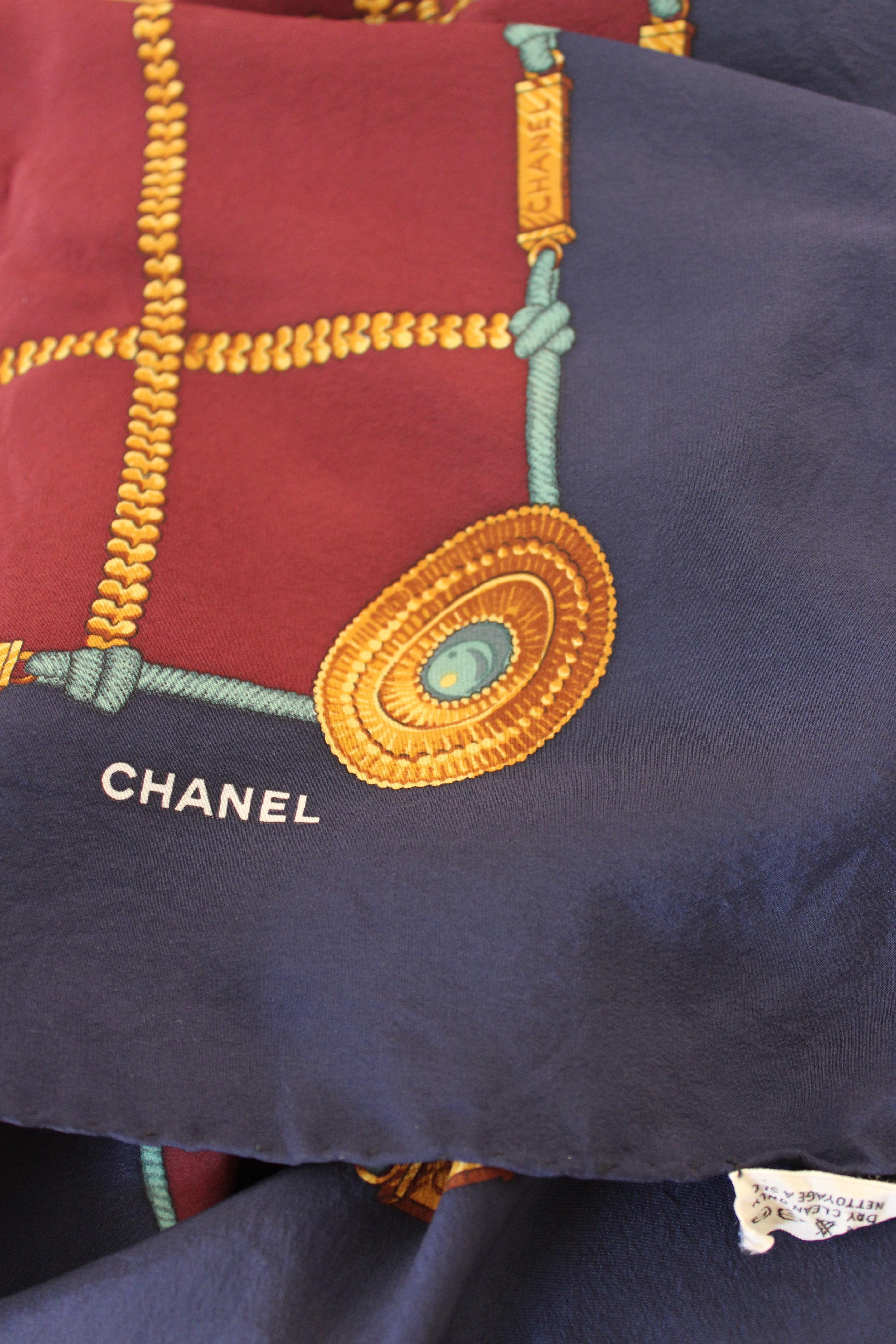 Women's Chanel Burgundy Blue Silk Chain Gold Scarf 1990s