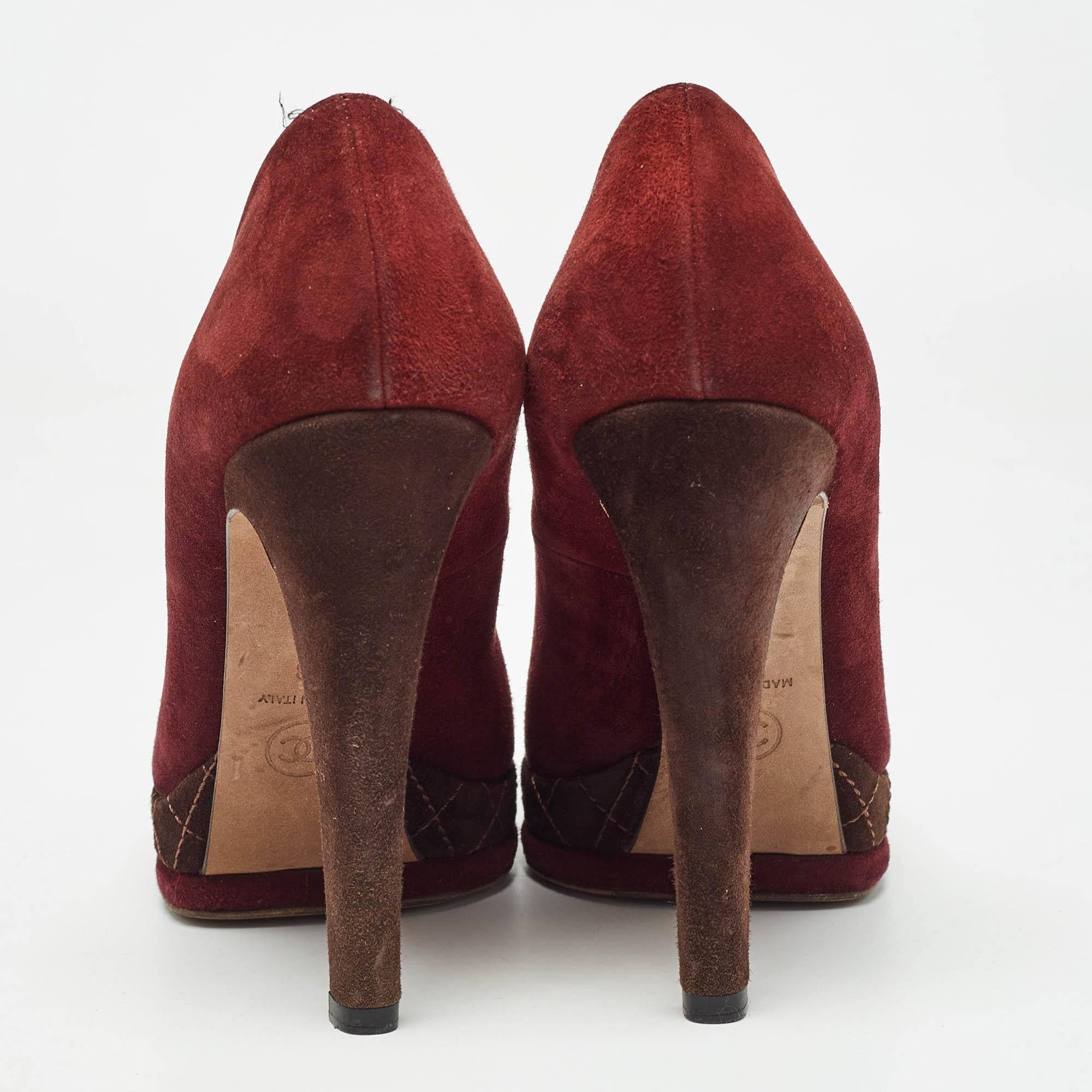 Chanel Burgundy/Brown Suede CC Cap Toe Platform Pumps Size 38 1