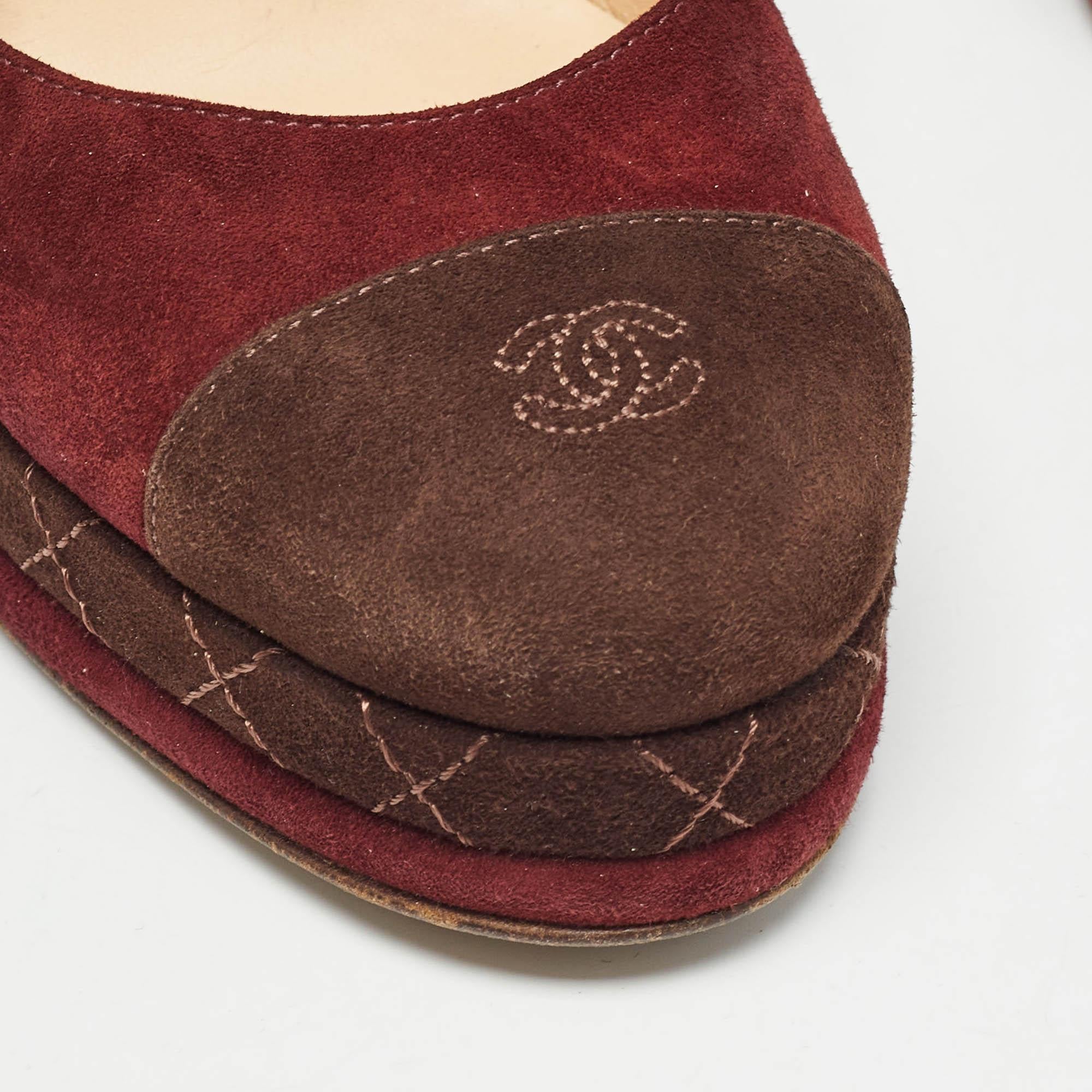 Chanel Burgundy/Brown Suede CC Cap Toe Platform Pumps Size 38 3