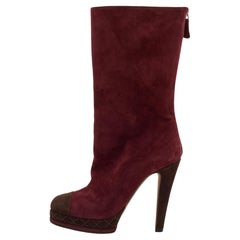 Chanel Burgundy/Brown Suede CC Platform Mid Calf Length Boots Size 38.5