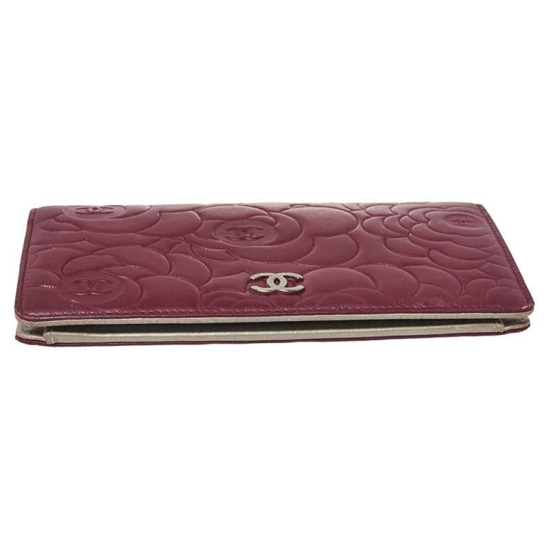 Black Chanel Burgundy Camellia Embossed Leather Bifold Wallet