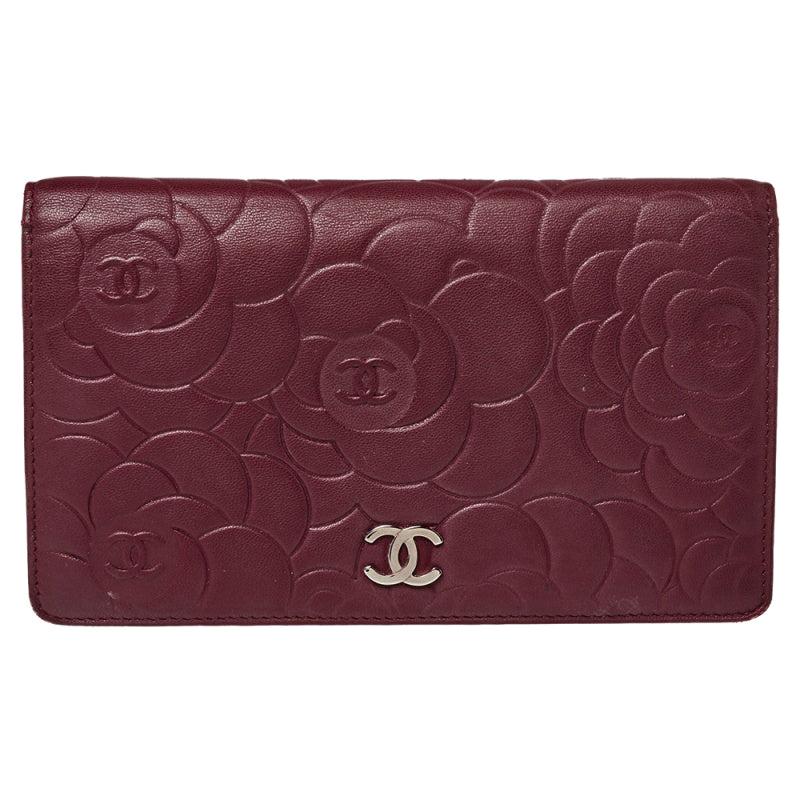 Chanel Burgundy Camellia Embossed Leather Bifold Wallet