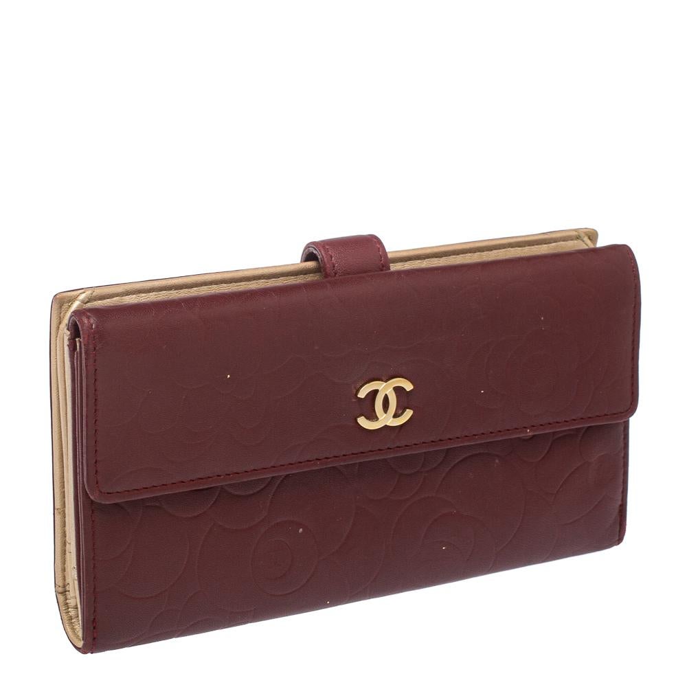Black Chanel Burgundy Camellia Embossed Leather Flap Wallet
