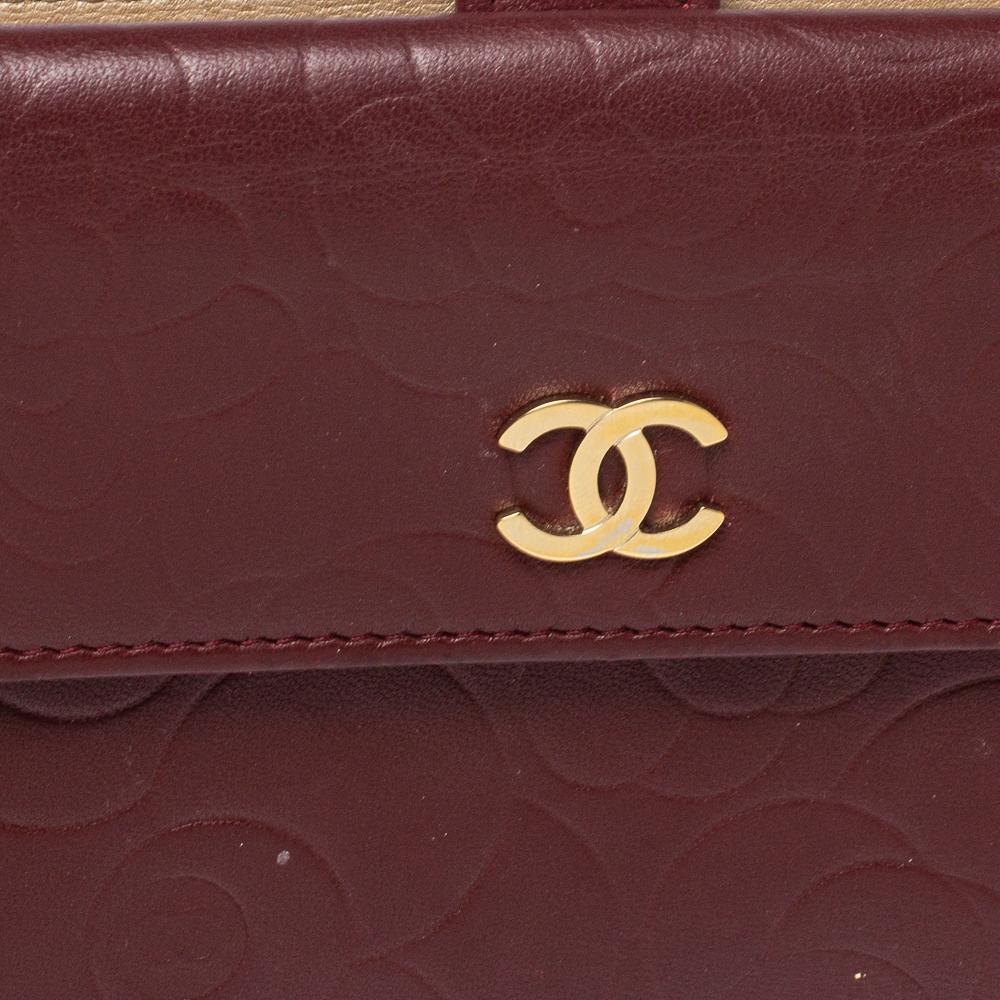 Chanel Burgundy Camellia Embossed Leather Flap Wallet 2