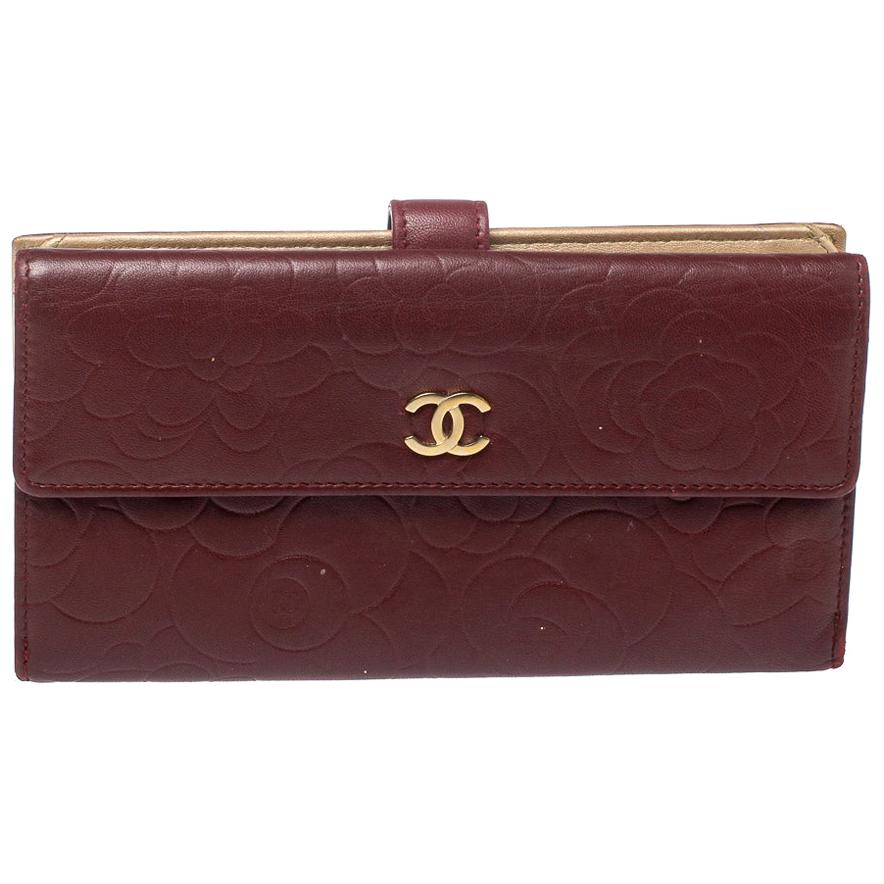 Chanel Burgundy Camellia Embossed Leather Flap Wallet