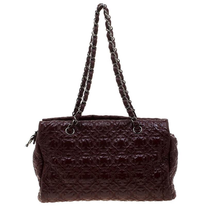 Chanel Burgundy Camellia Stitch Patent Leather Shoulder Bag