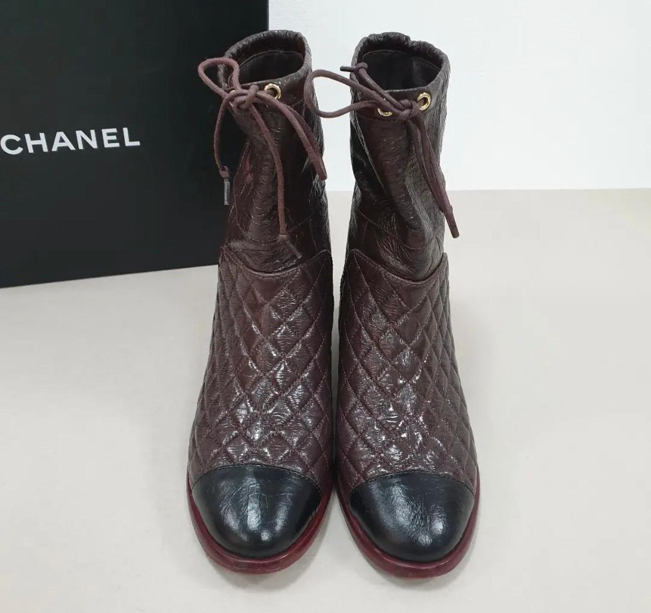 Black Chanel Burgundy Cap Toe CC Logo Ankle Boots For Sale