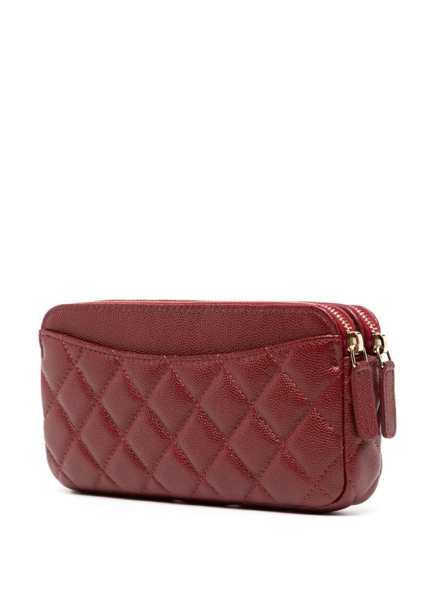 Brown Chanel Burgundy Caviar Double Zip Wallet On Chain 