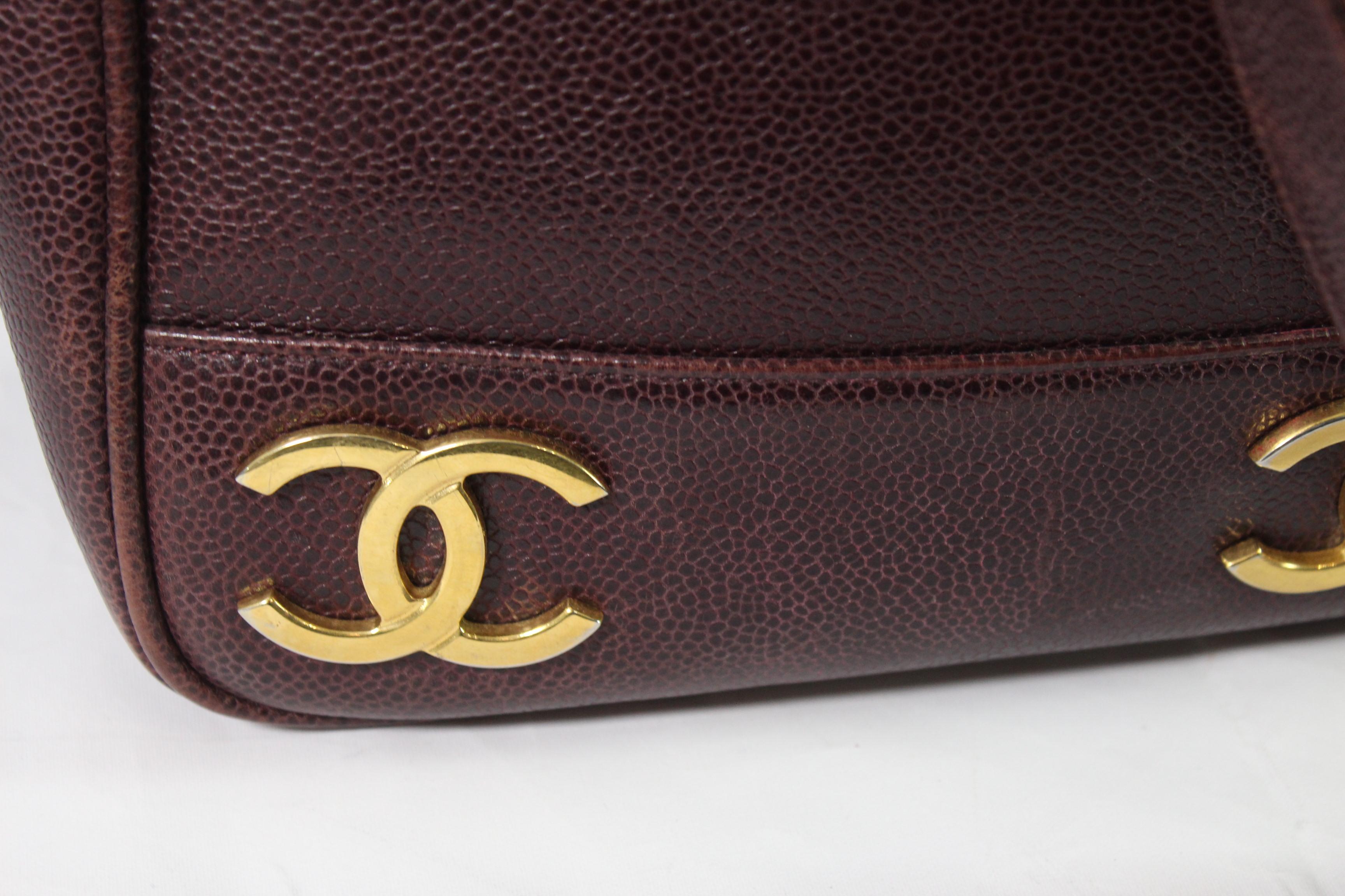 Black Chanel Burgundy  Caviar  Leather Vintage Shopper Bag Triple Logo