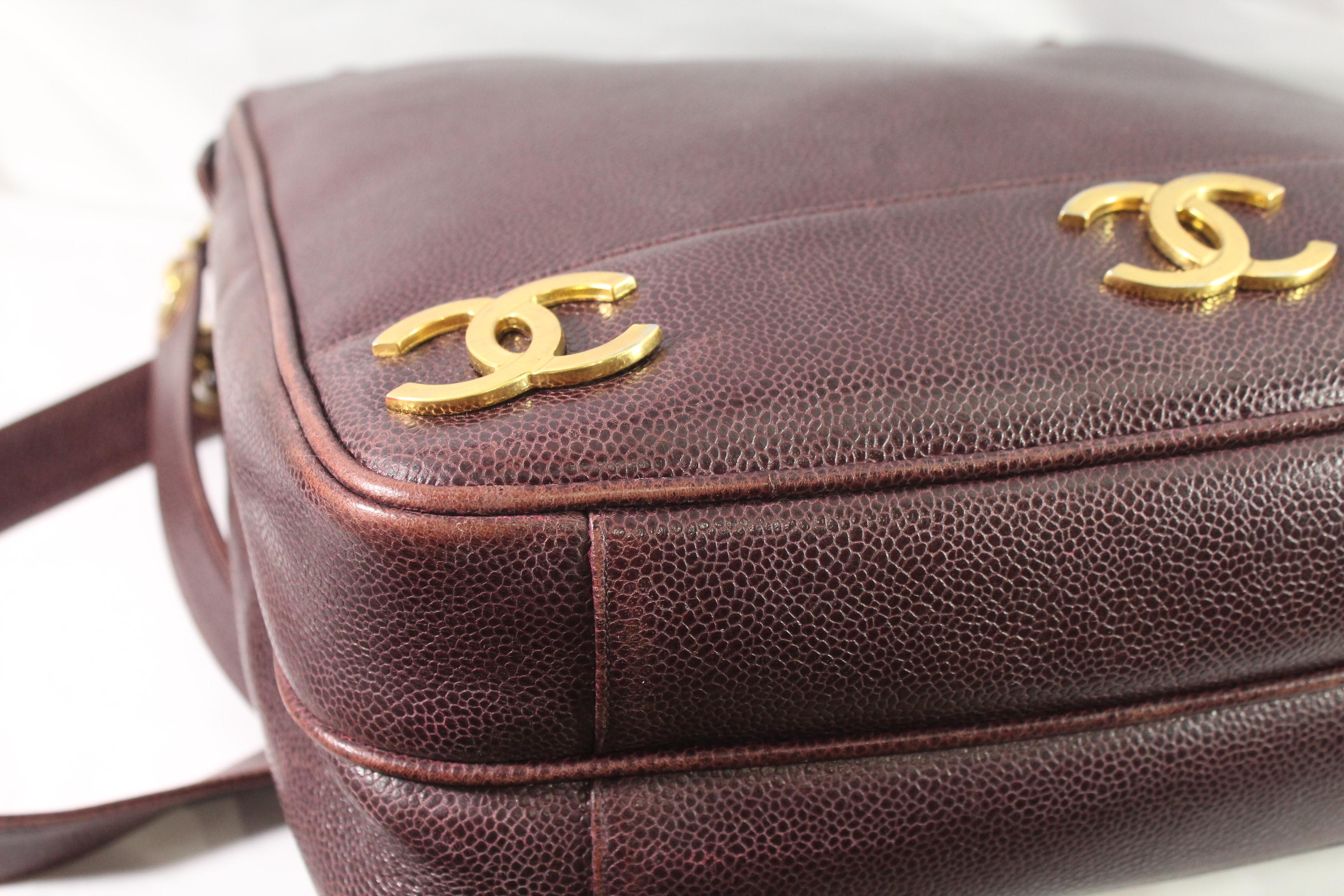 Chanel Burgundy  Caviar  Leather Vintage Shopper Bag Triple Logo In Fair Condition In Paris, FR