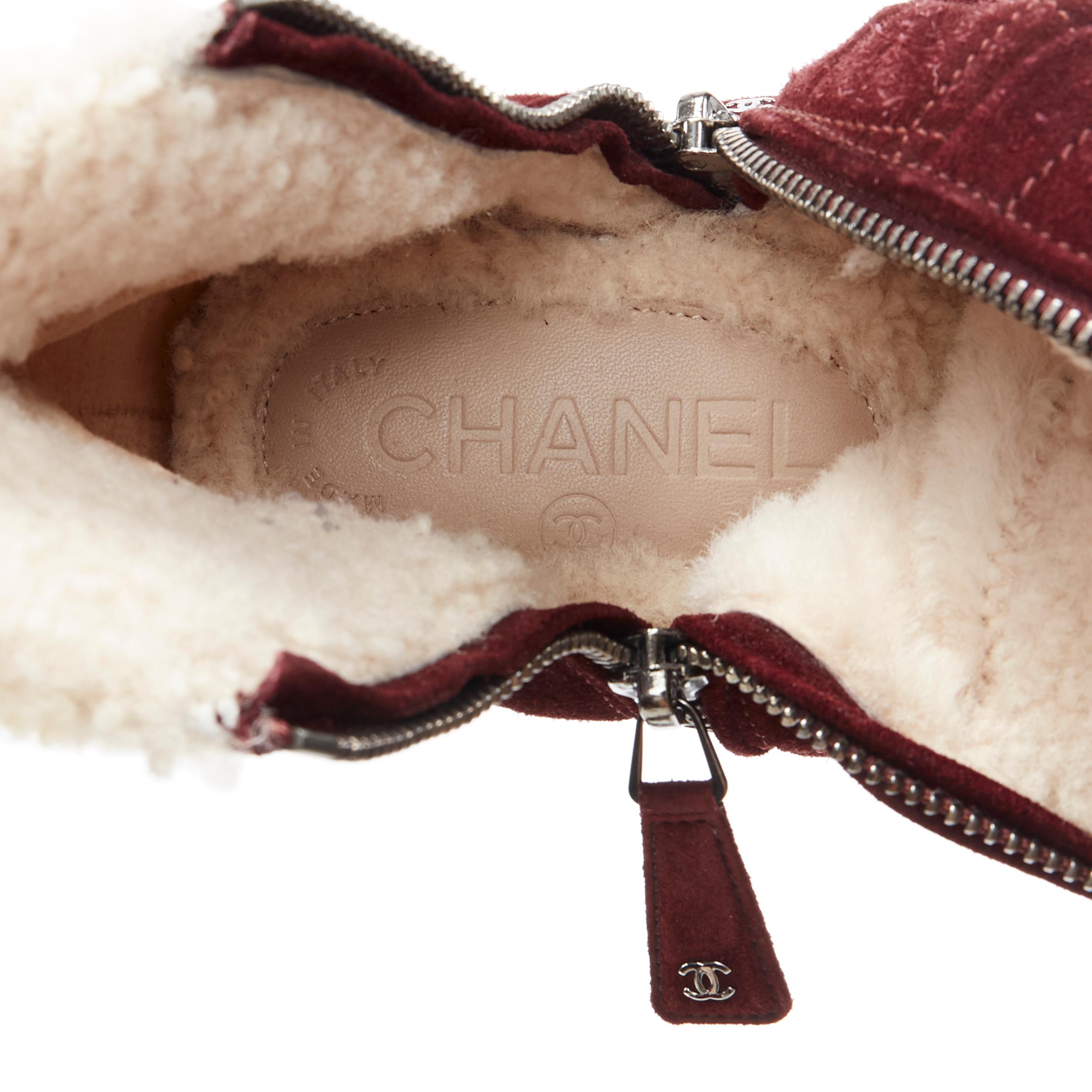 CHANEL burgundy CC red diamond quilted suede toe cap shearling ankle boot EU37 2