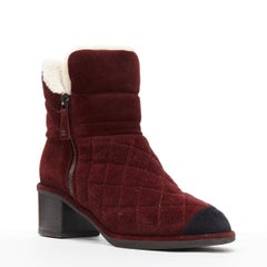 CHANEL burgundy CC red diamond quilted suede toe cap shearling ankle boot EU37