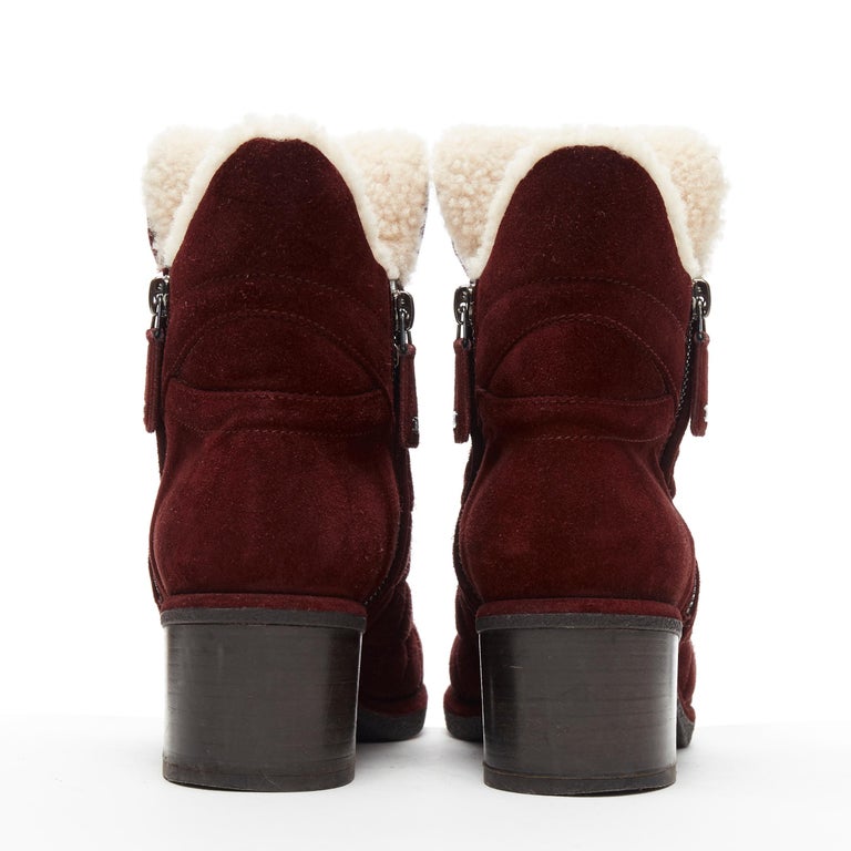 CHANEL burgundy CC red diamond quilted suede toe cap shearling ankle boot  EU37 at 1stDibs