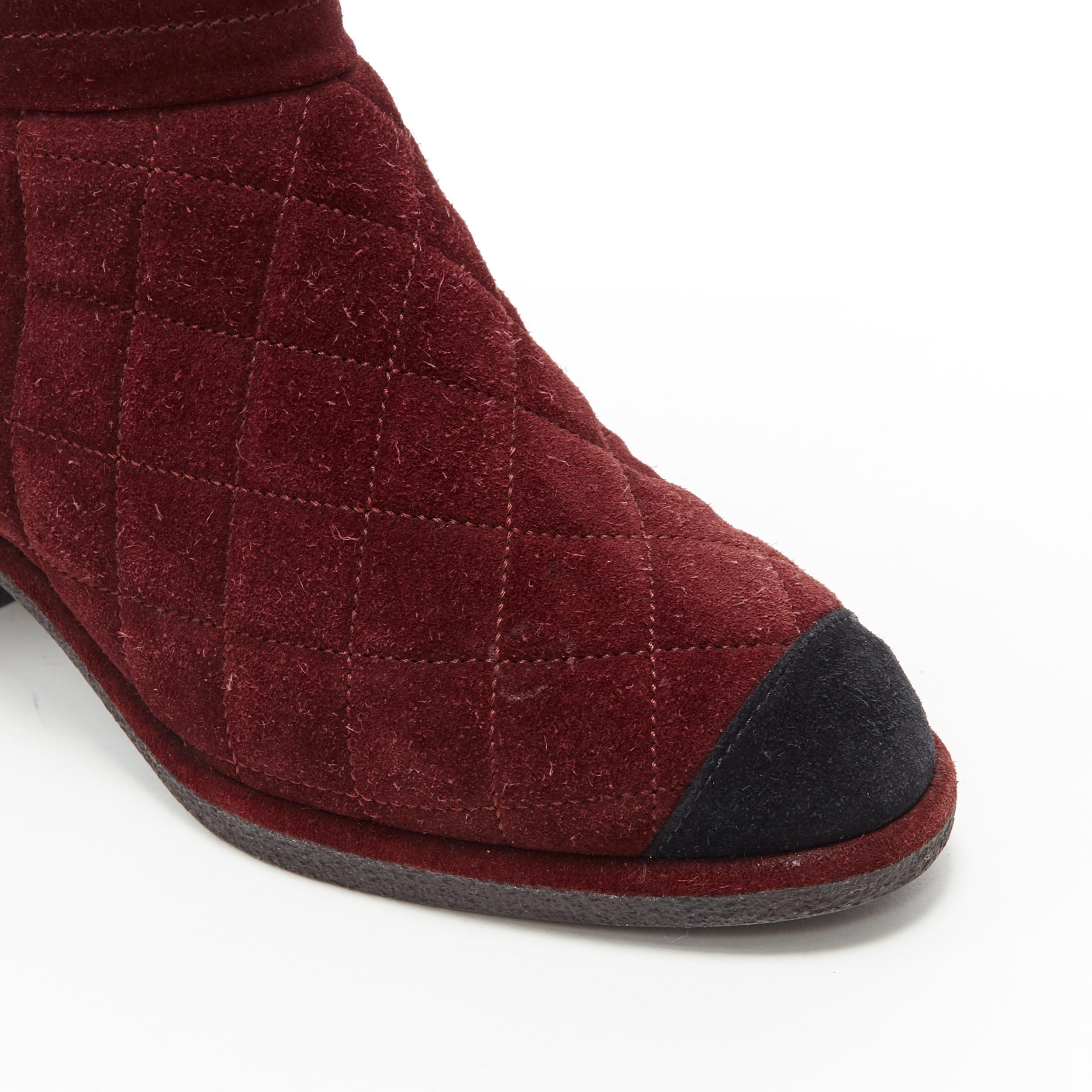 Women's CHANEL burgundy CC red diamond quilted suede toe cap shearling ankle boot EU37
