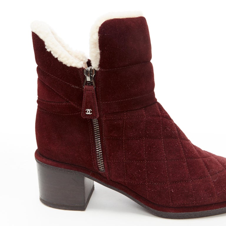 CHANEL burgundy CC red diamond quilted suede toe cap shearling