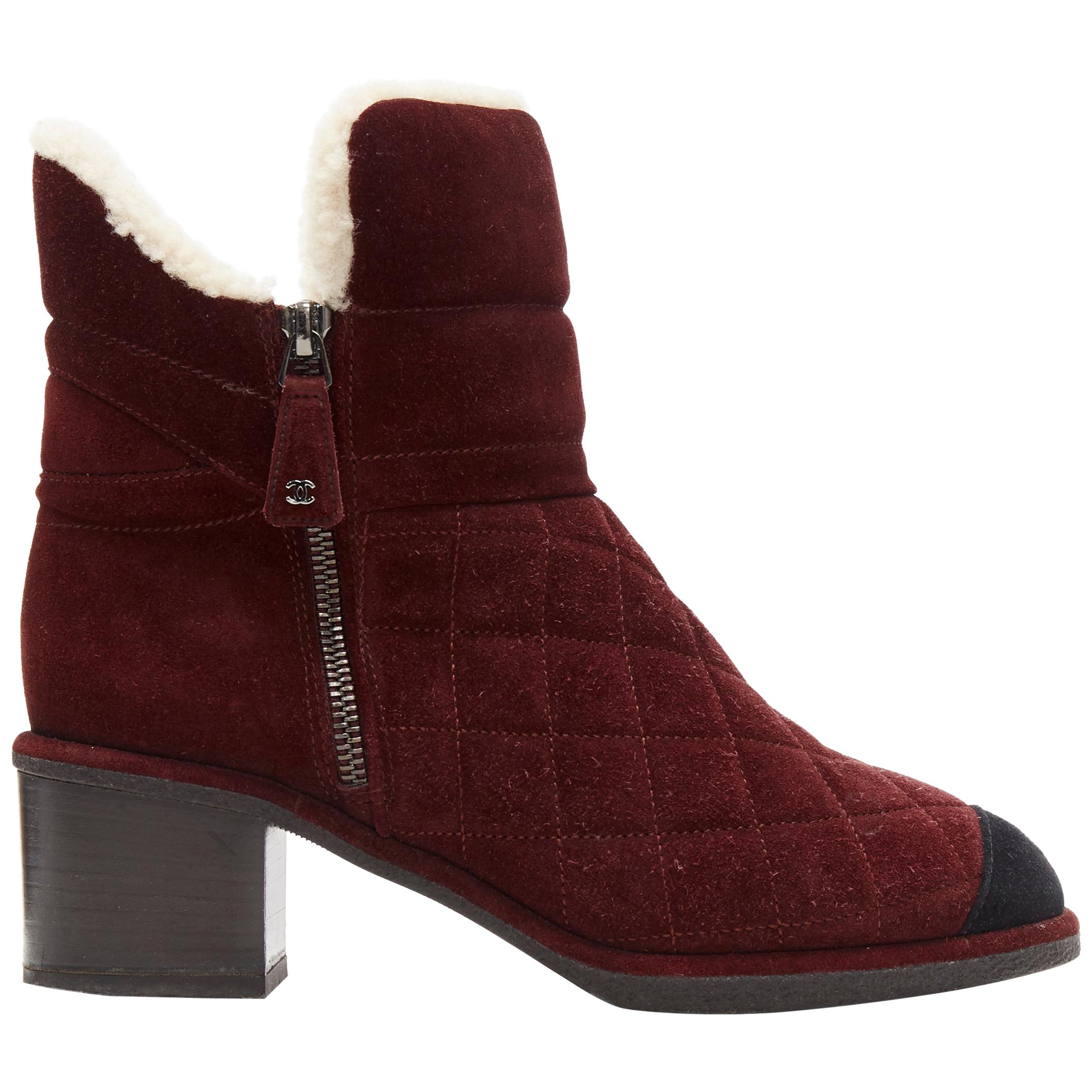 CHANEL burgundy CC red diamond quilted suede toe cap