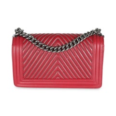 Chanel Burgundy Chevron Calfskin Chain Medium Boy Bag