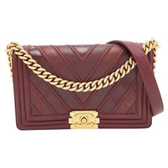 Chanel Burgundy Chevron Caviar and Leather Medium Boy Flap Bag