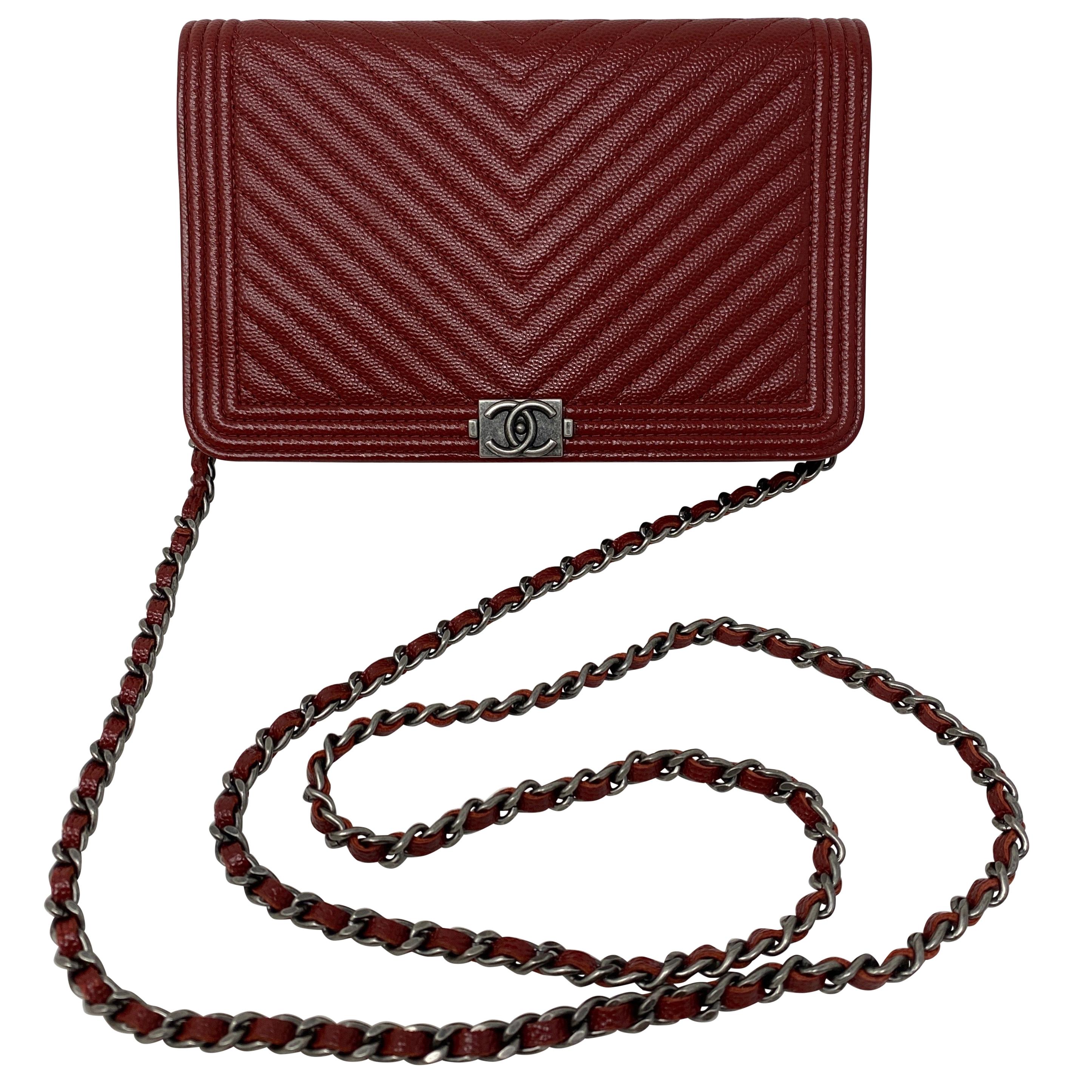 Chanel Burgundy Chevron Wallet On A Chain Bag