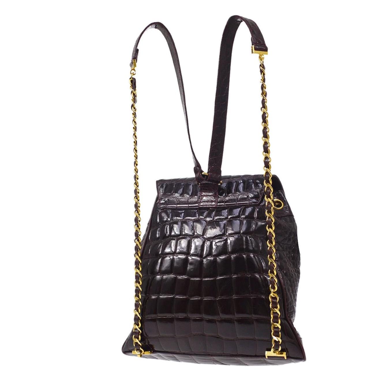Black Chanel Burgundy Crocodile Exotic Leather Gold Evening Shoulder Flap Backpack Bag