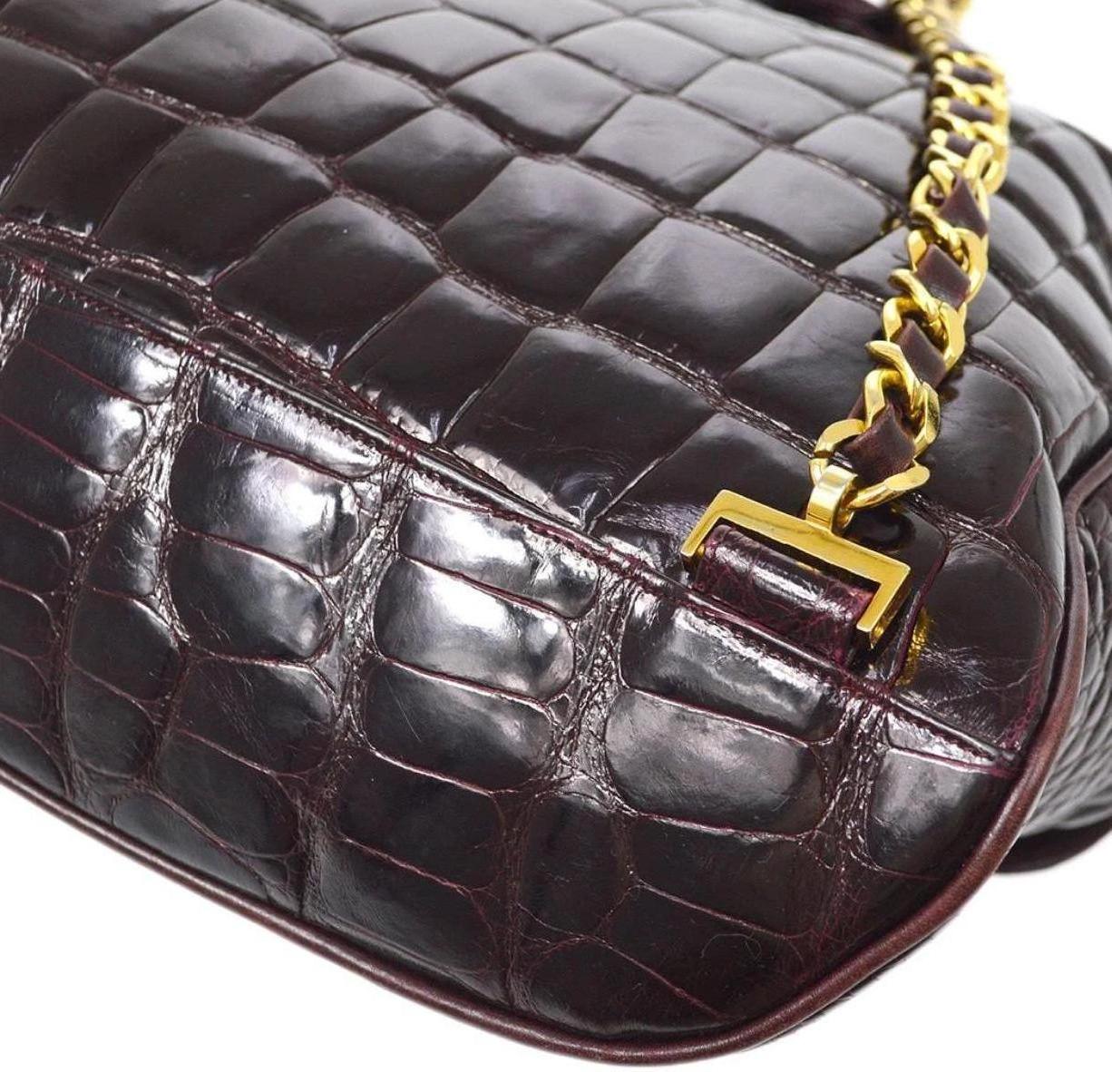 Chanel Burgundy Crocodile Exotic Leather Gold Evening Shoulder Flap Backpack Bag In Good Condition In Chicago, IL