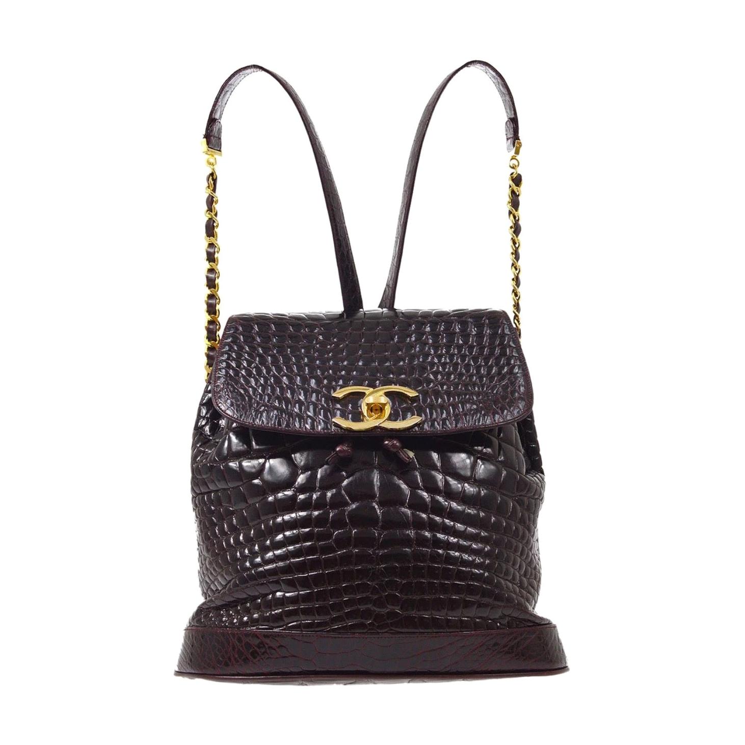 Chanel Burgundy Crocodile Exotic Leather Gold Evening Shoulder Flap Backpack Bag
