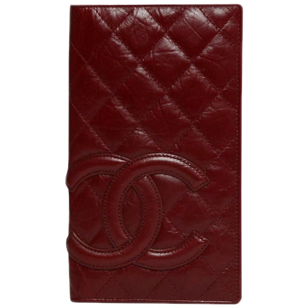 Chanel Burgundy Distressed Calfskin Leather Quilted Cambon CC Yen Wallet