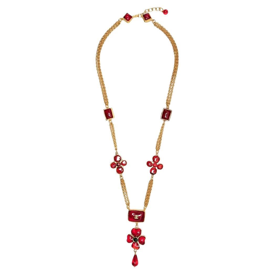 CHANEL BURGUNDY CC LOGO w/HANGING PEARL NECKLACE