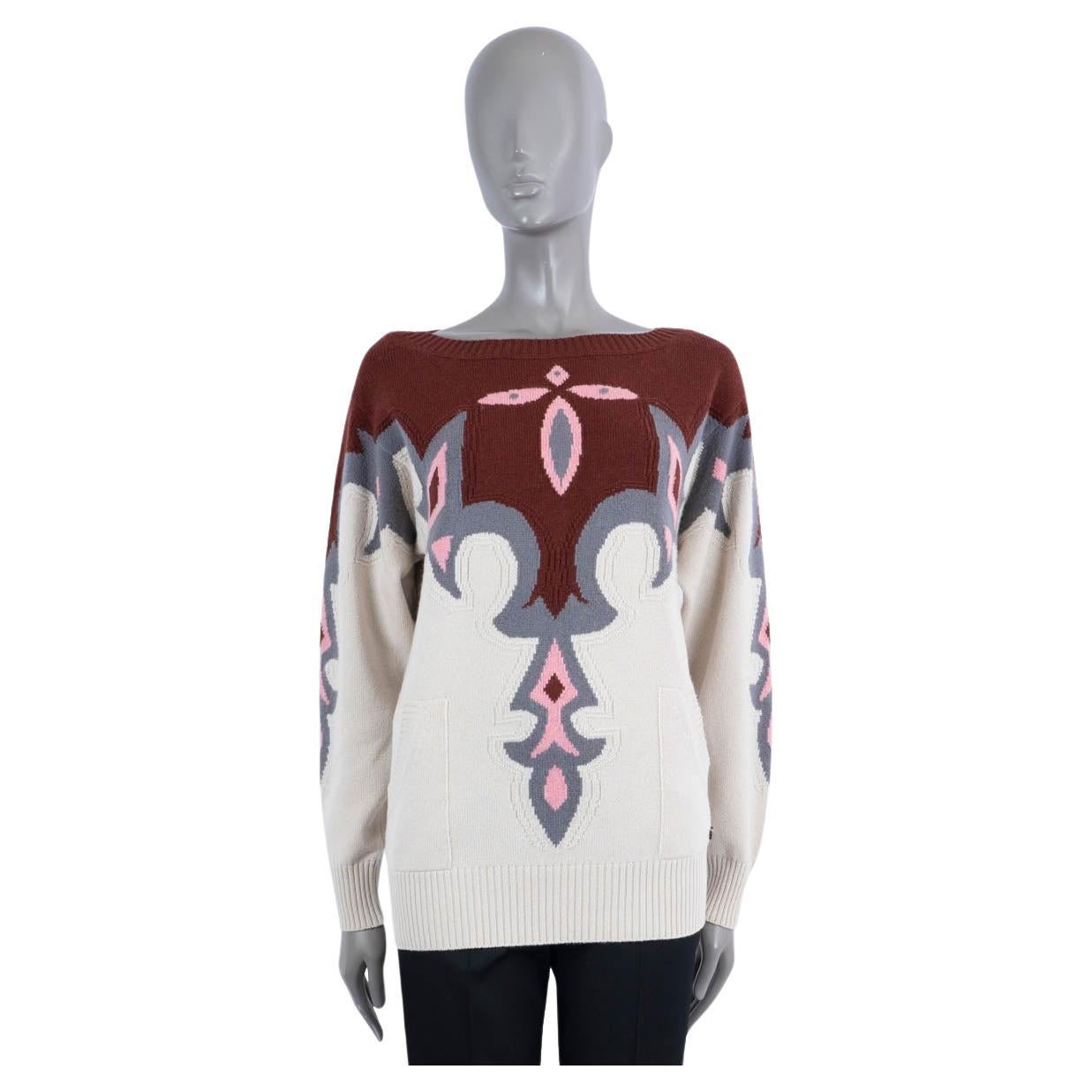CHANEL burgundy ivory pink grey cashmere 2014 14A DALLAS Sweater 40 M For Sale