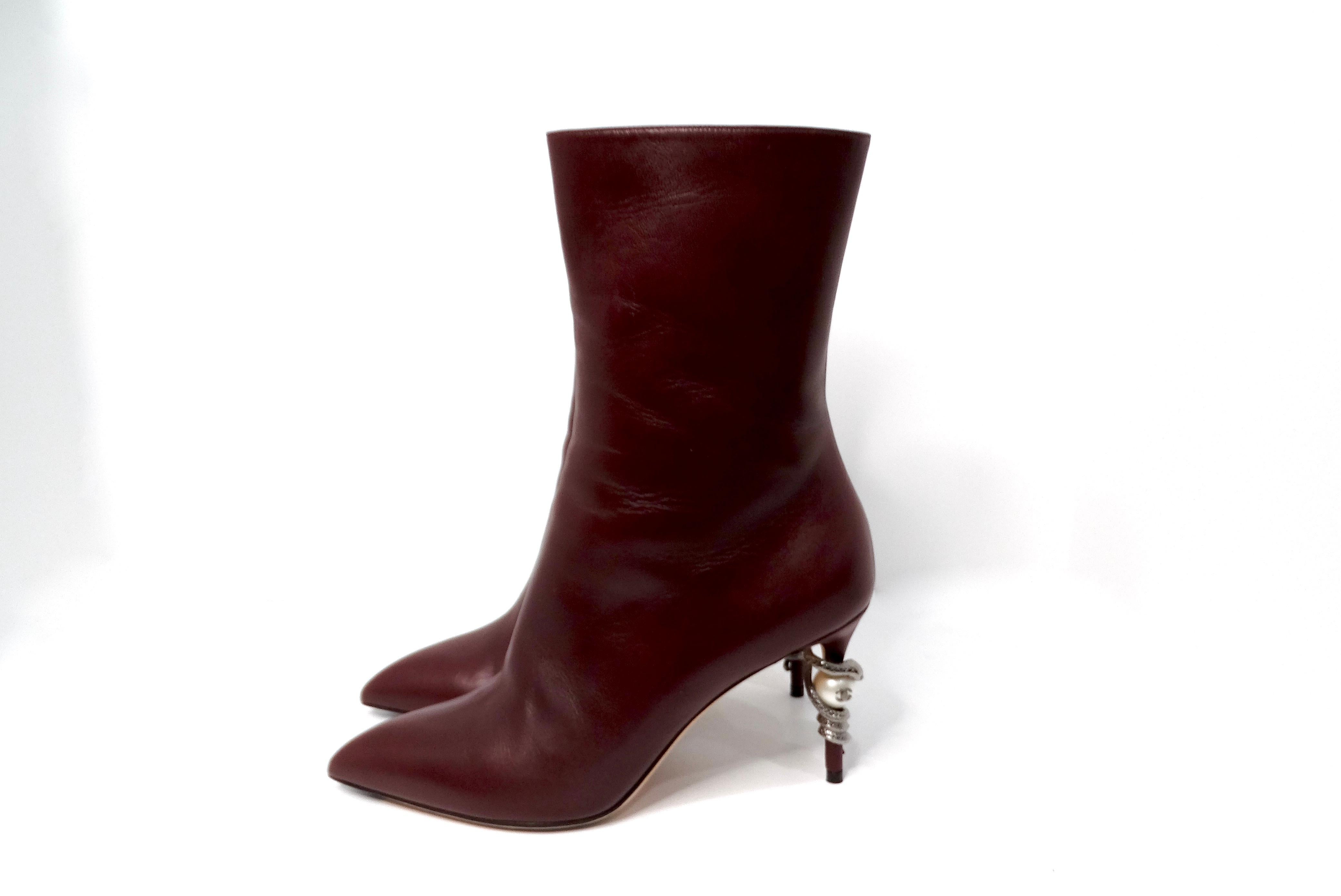 Women's or Men's Chanel Burgundy Lambskin Leather Heel Boots With Pearl & Snake Motif For Sale