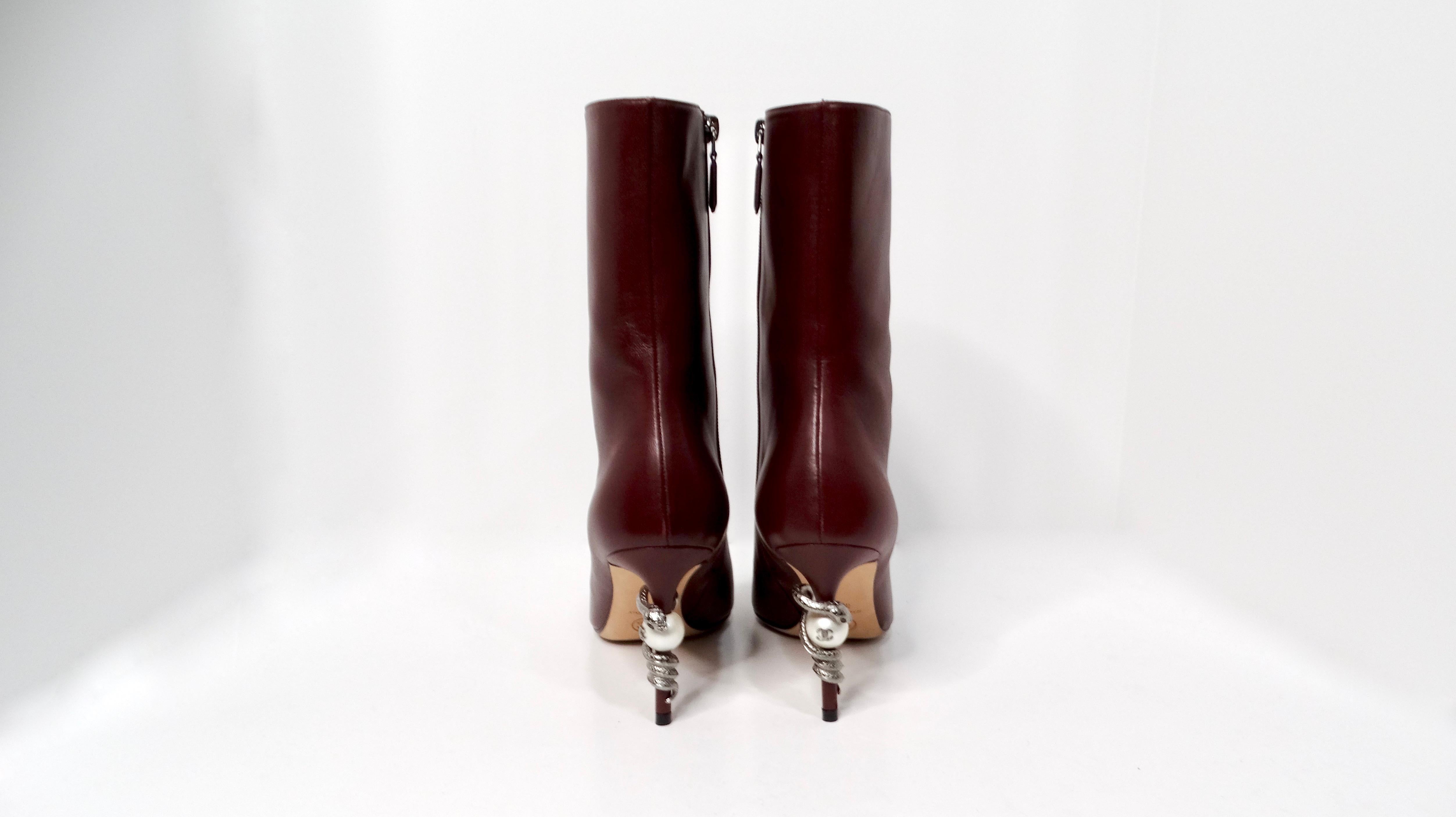 Chanel Burgundy Lambskin Leather Heel Boots With Pearl & Snake Motif For Sale 1
