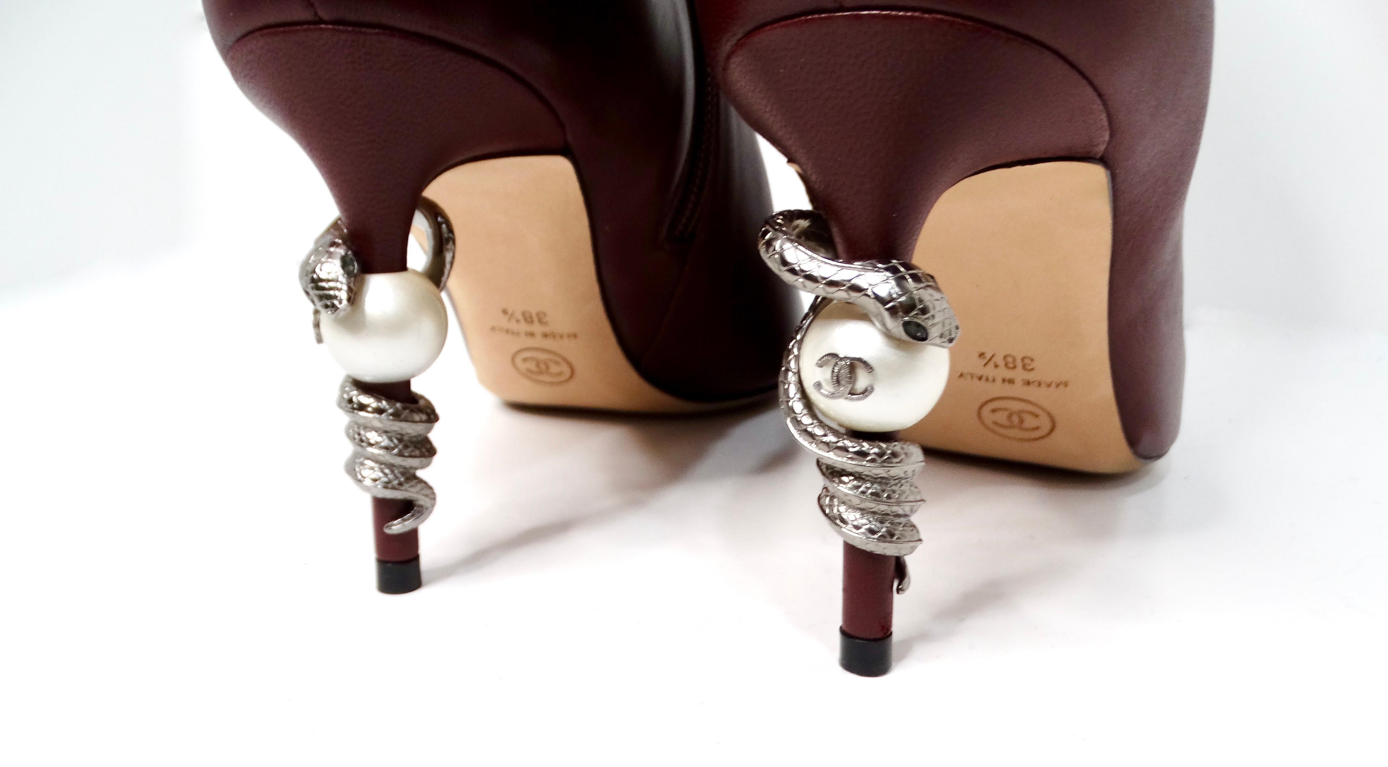Chanel Burgundy Lambskin Leather Heel Boots With Pearl & Snake Motif For Sale 2