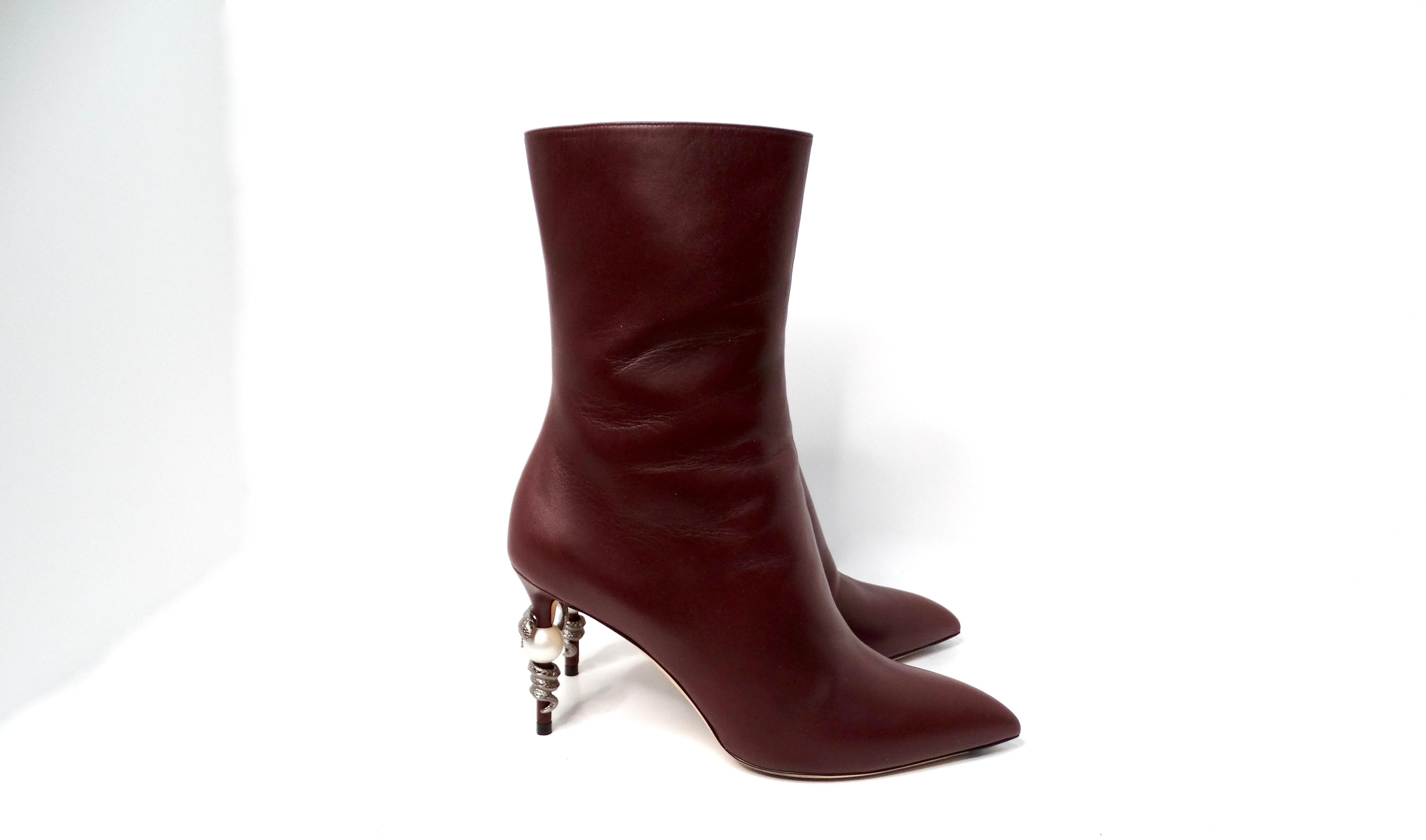 Chanel Burgundy Lambskin Leather Heel Boots With Pearl & Snake Motif For Sale 3