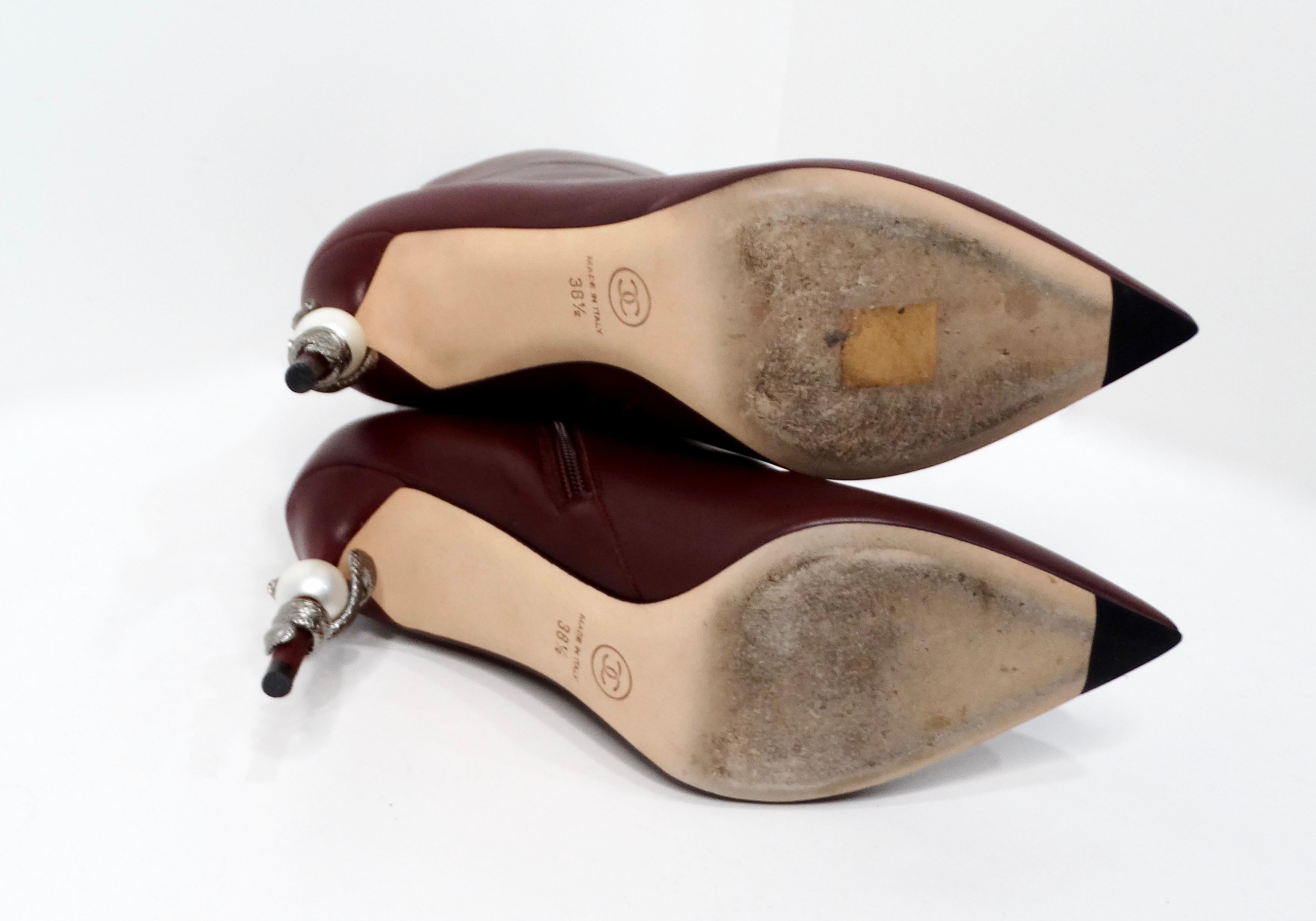 Chanel Burgundy Lambskin Leather Heel Boots With Pearl & Snake Motif For Sale 4
