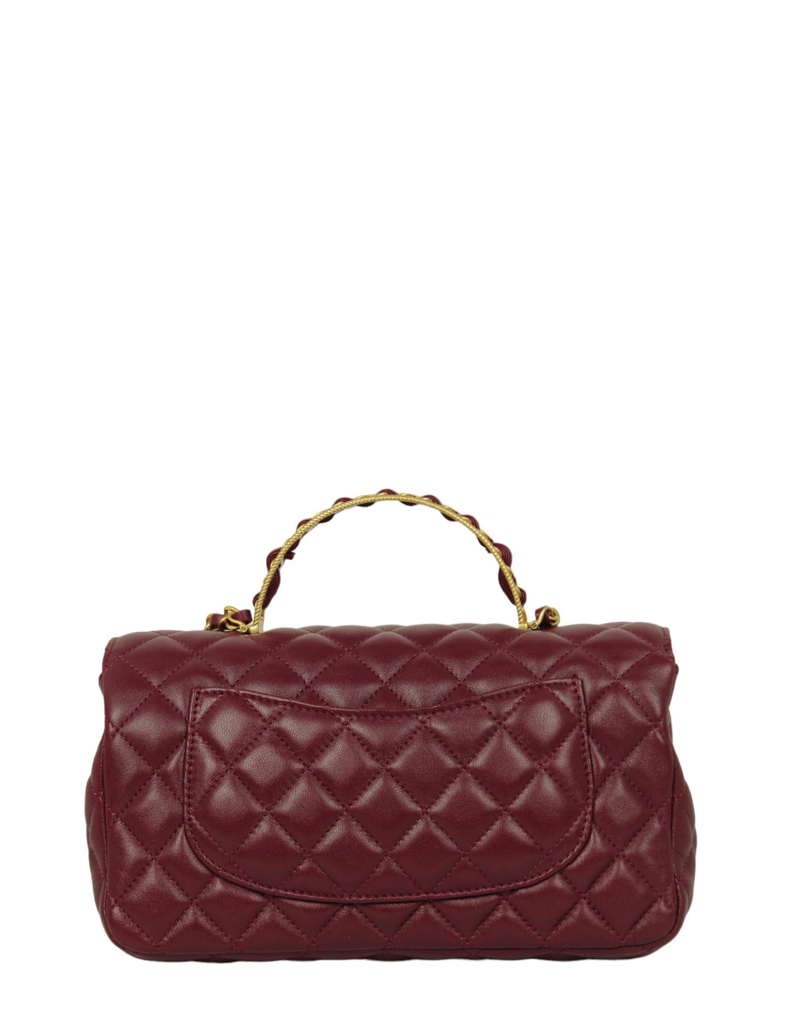 Chanel Burgundy Lambskin Leather Quilted Flapbag w/ Handle In Excellent Condition For Sale In New York, NY