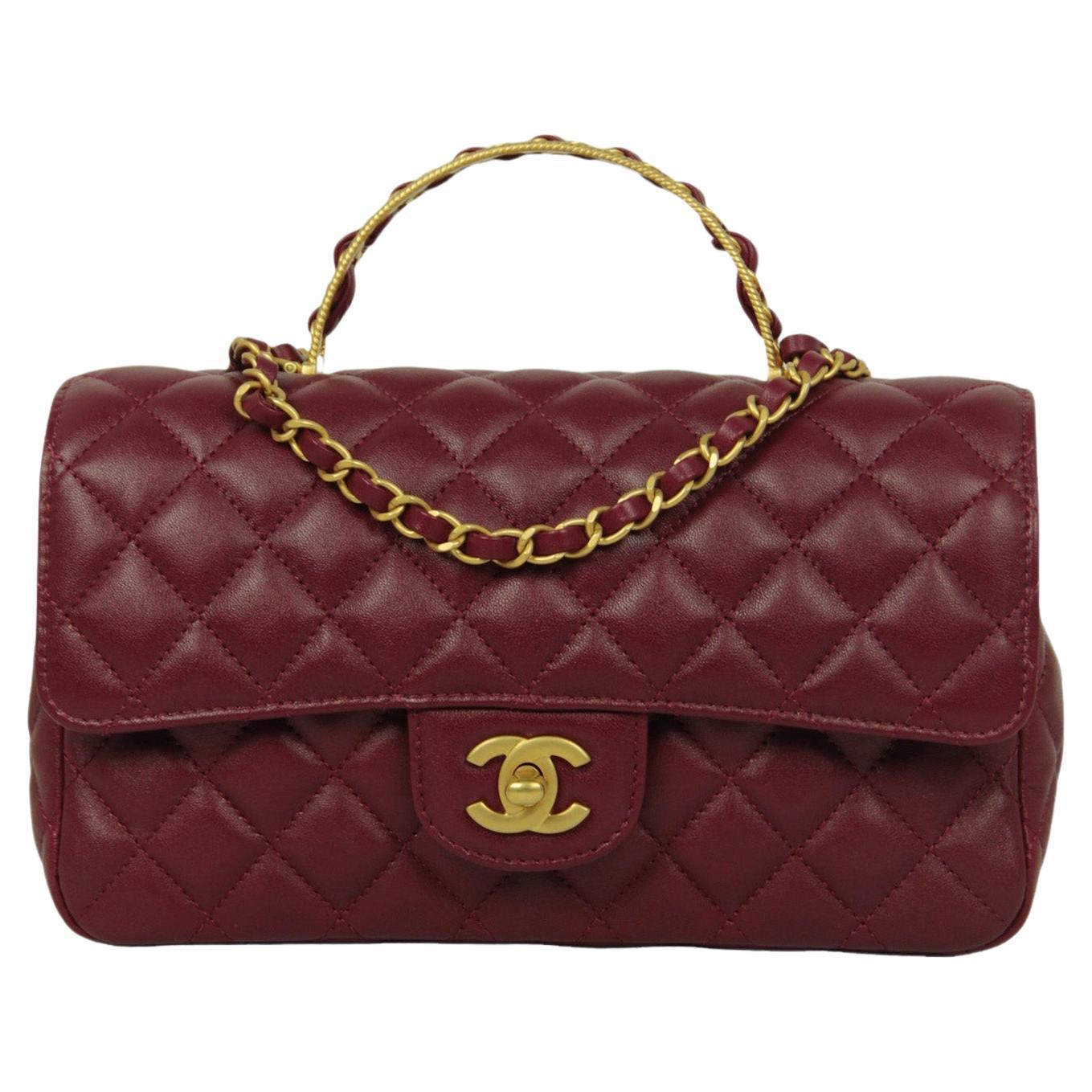 Chanel Burgundy Lambskin Leather Quilted Flapbag w/ Handle For Sale