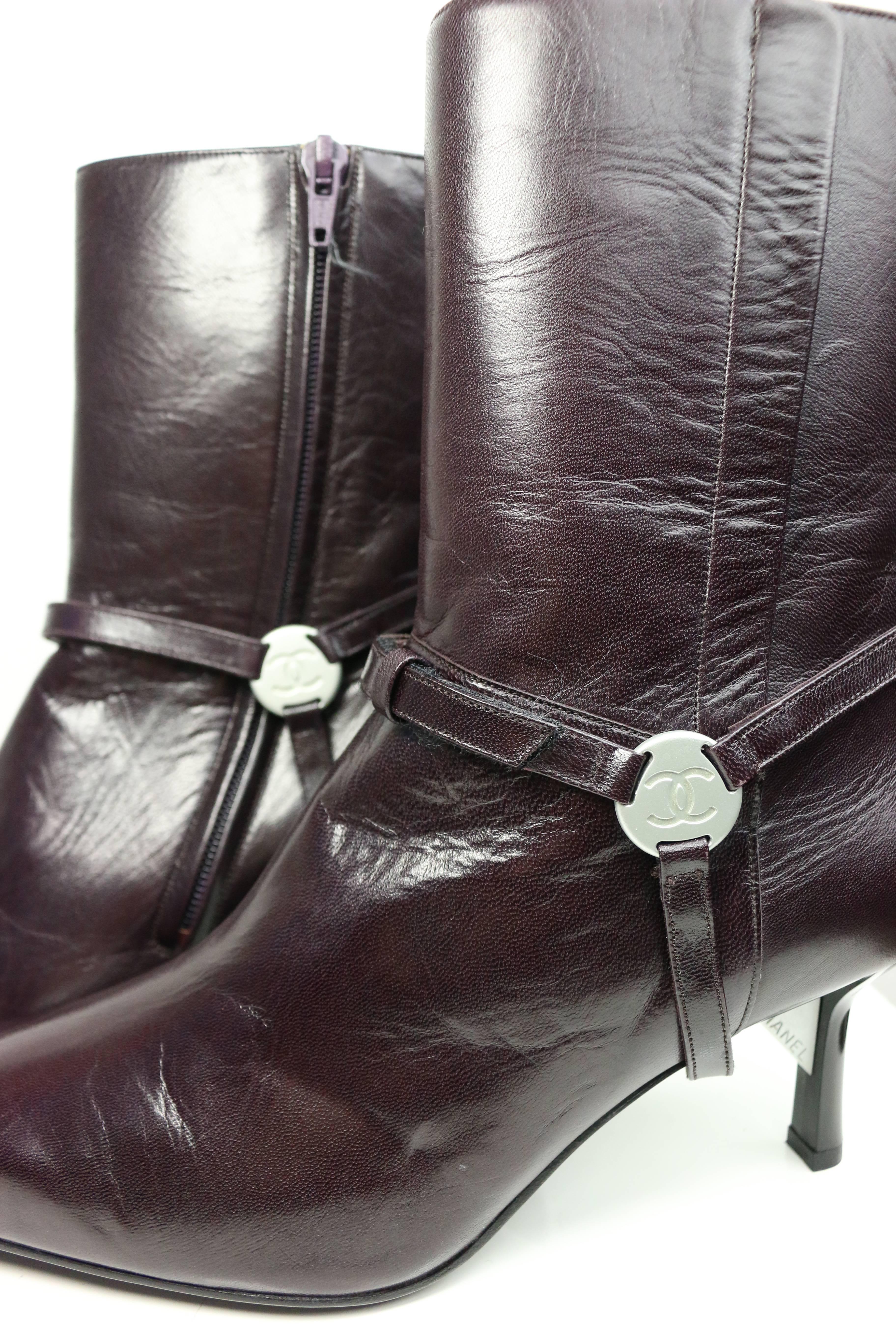 Black Chanel burgundy leather ankle boots For Sale